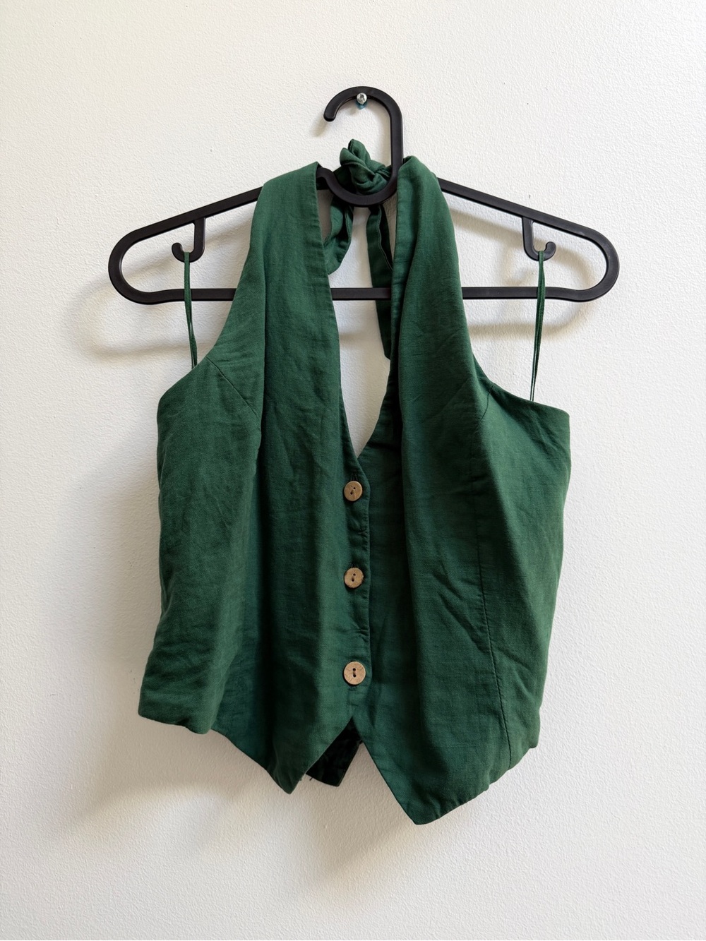 Zara Green Halter Button-Front Linen Blend Top